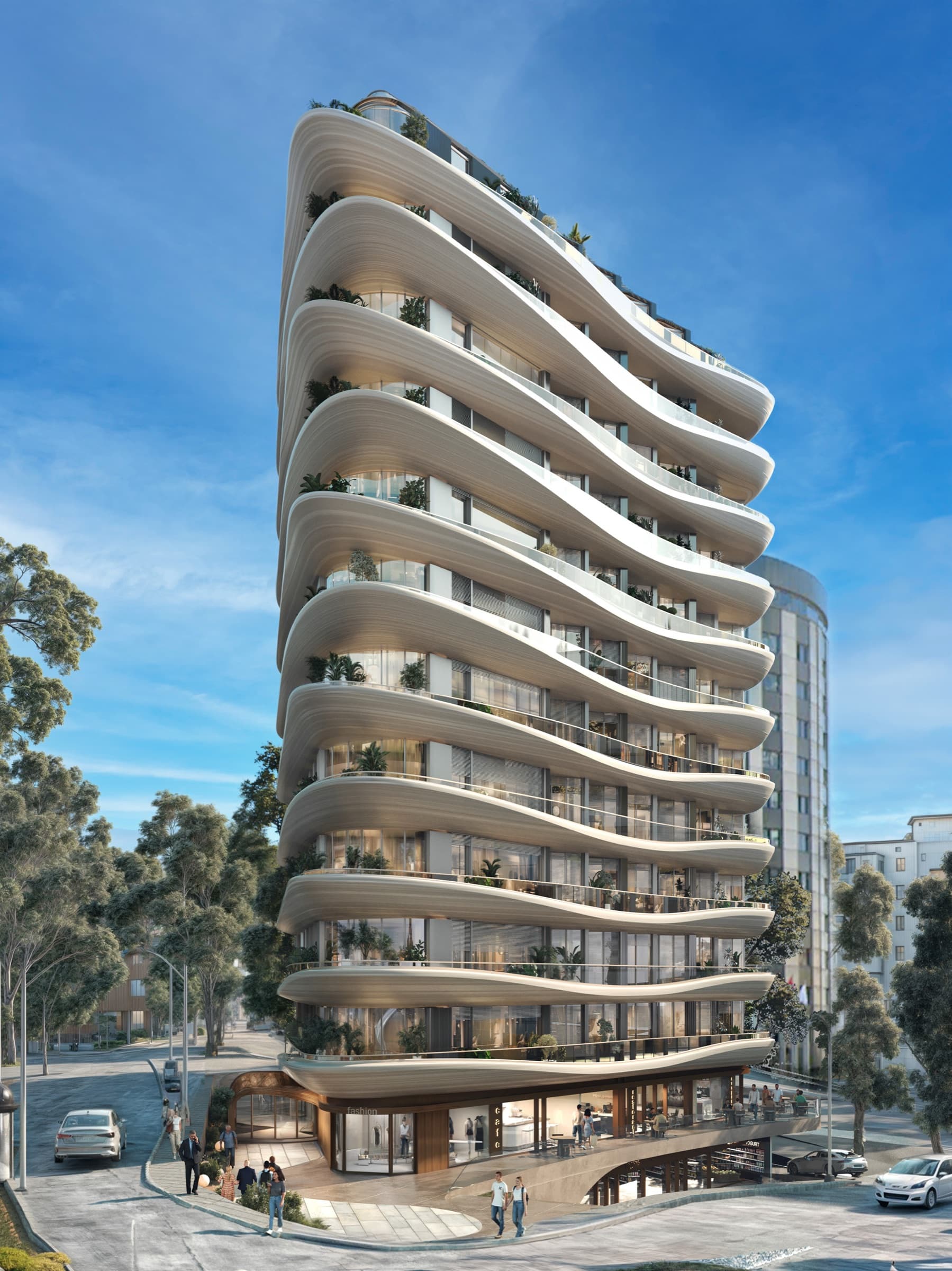 كامل ارتفاع Babacan Meridian من مستوى الشارع، وشرفاته المنحنية المتراكبة مزروعة في كل طابق فوق واجهات المحال الأرضية