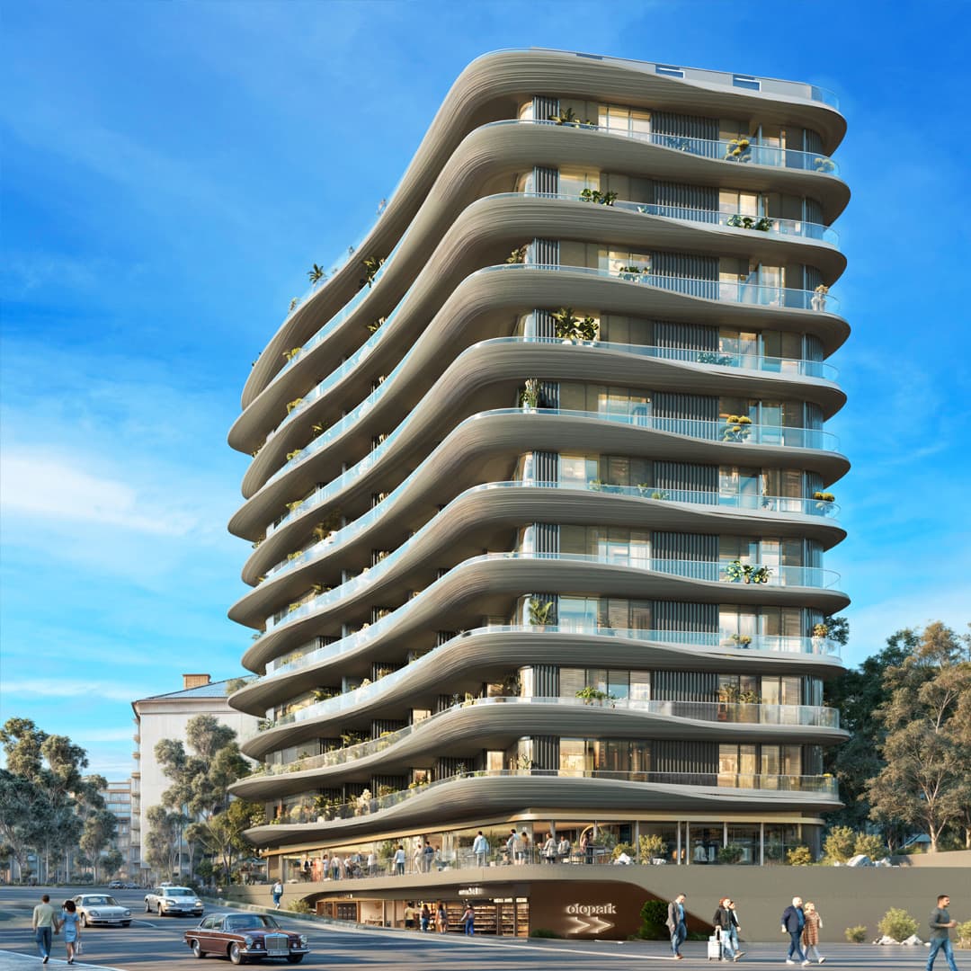 Babacan Meridian من زاوية الشارع في Gayrettepe، عشرة طوابق من الشرفات الشريطية المنحنية فوق قاعدة تجارية زجاجية ومدخل المرآب