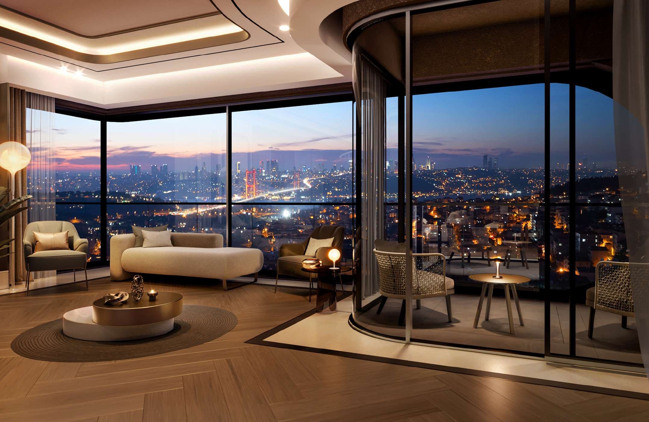 The main living space of a Boğaz Çamlıca residence at dusk, herringbone oak floor and curved corner glazing opening to the lit 15 Temmuz Şehitler bridge and the Bosphorus