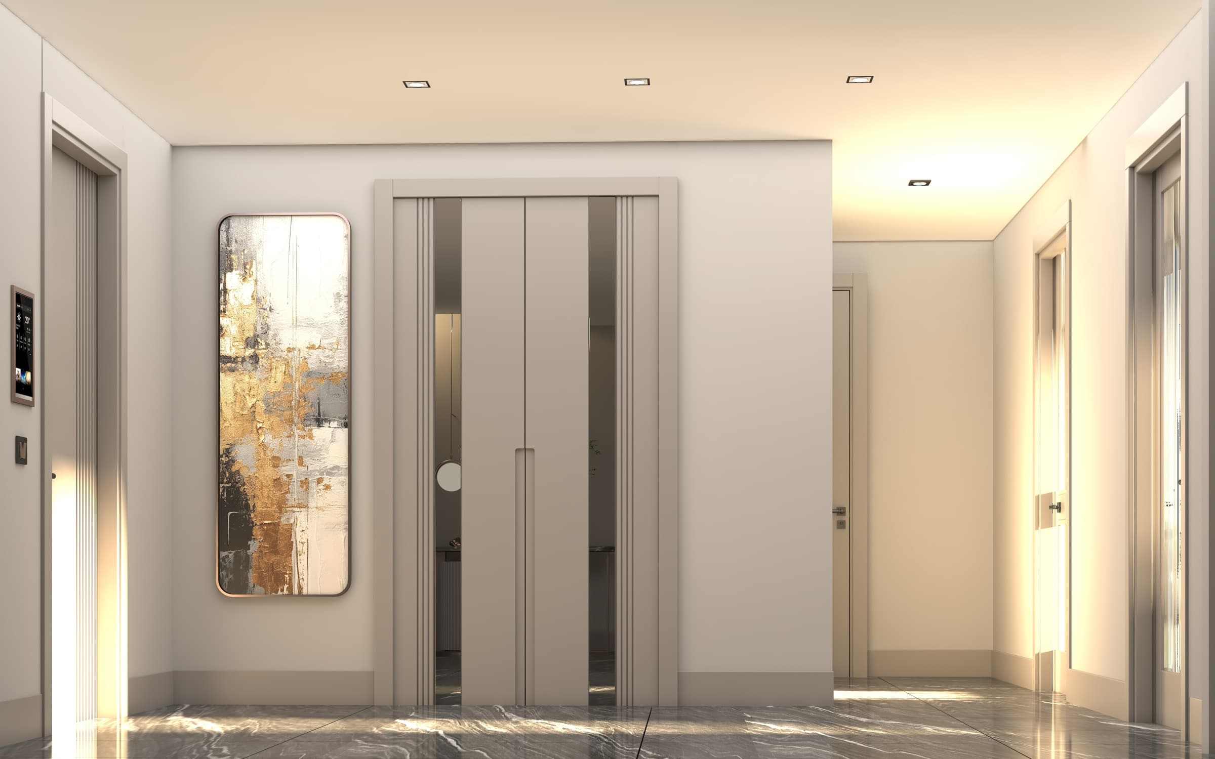 Lift lobby on a residential floor at Ce La Vi Crowne, its marble floor and fluted double doors lit by a warm cove above, the lift call panel to one side