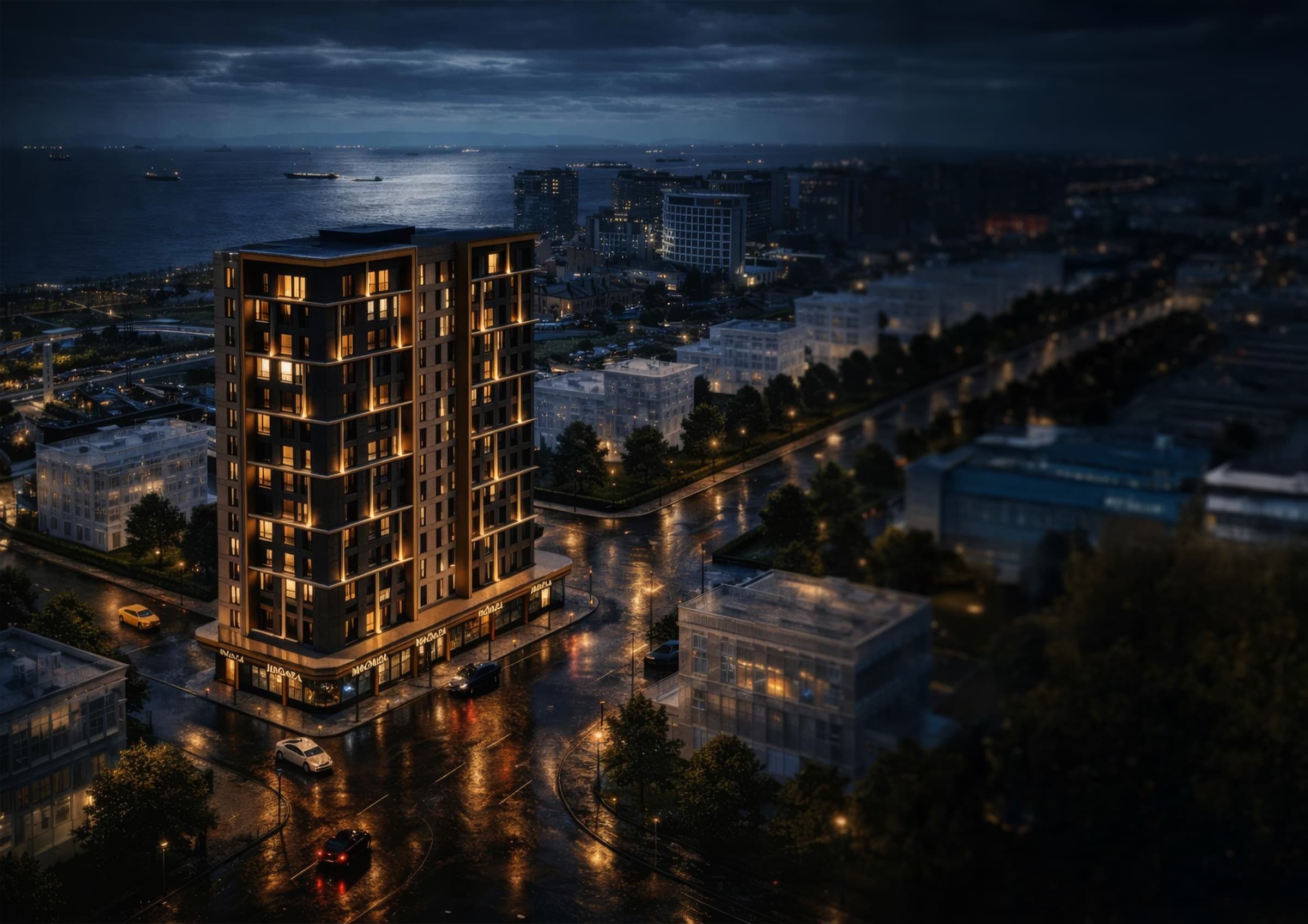 Night aerial of Ce La Vi Crowne, the lit tower standing over rain-wet streets in Zeytinburnu with the lights of the shore road and the Marmara Sea behind, Istanbul