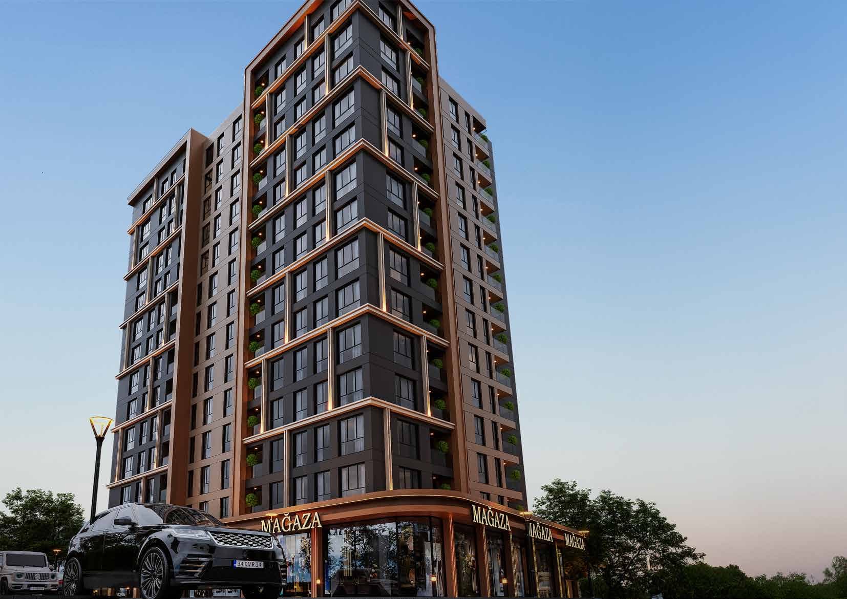 Ce La Vi Crowne from the street at dusk, bronze-framed shopfronts wrapping the corner beneath thirteen floors of dark cladding and bronze fins, Zeytinburnu, Istanbul