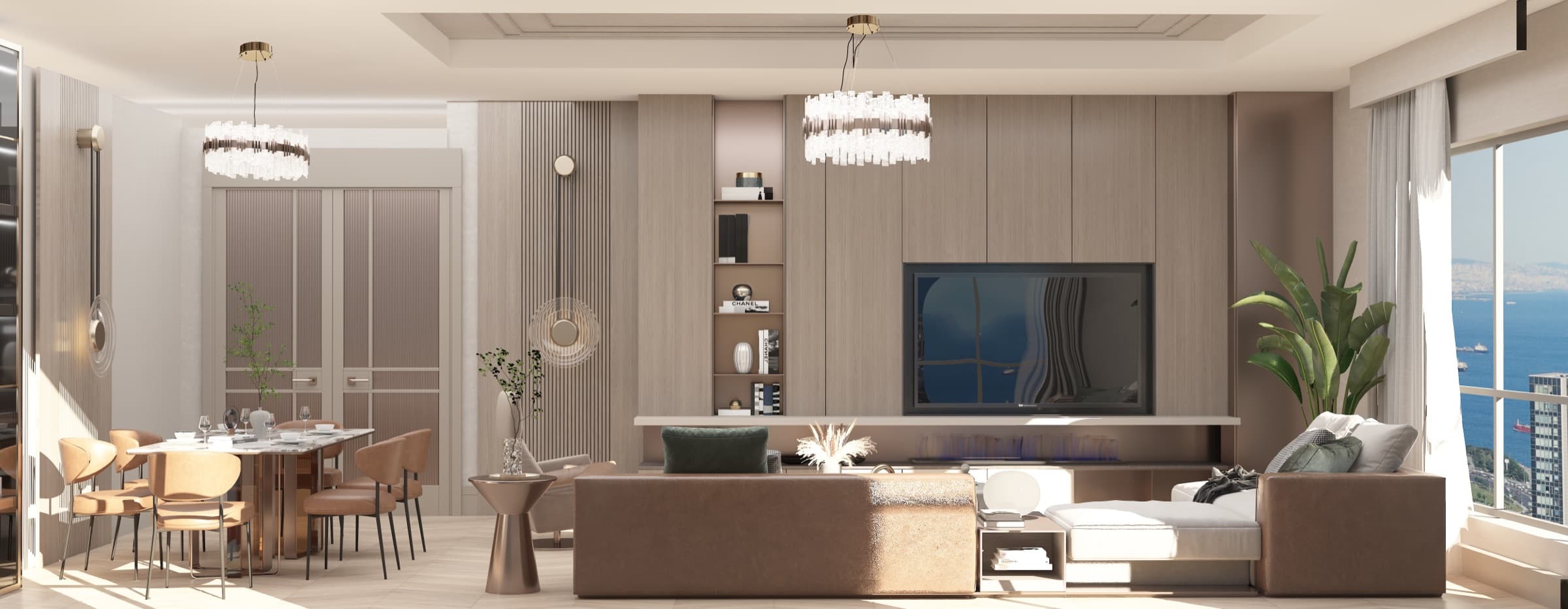 Open living and dining space in a residence at Ce La Vi Crowne, a timber-panelled media wall between the two, and the Marmara Sea filling the glazing to the right