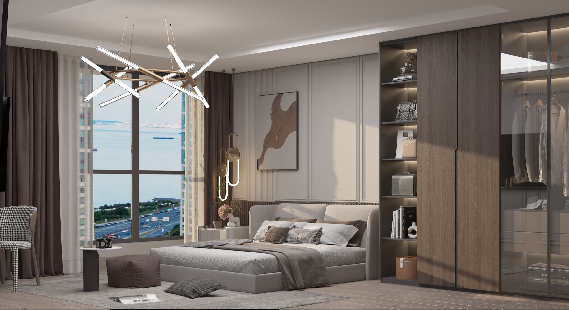 Bedroom in a sea-facing residence at Ce La Vi Crowne, the window beside the bed looking out over the shore road and the Marmara Sea, a glazed wardrobe along the far wall