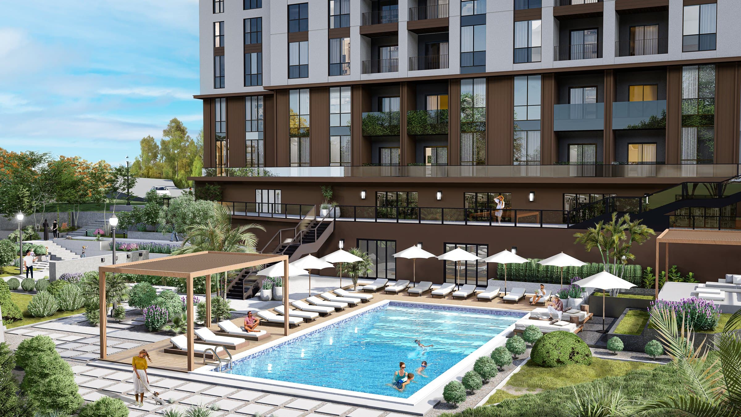 Computer-generated view of the outdoor swimming pool, white parasols and sun loungers ranged along a timber deck with the building rising behind — artist's impression