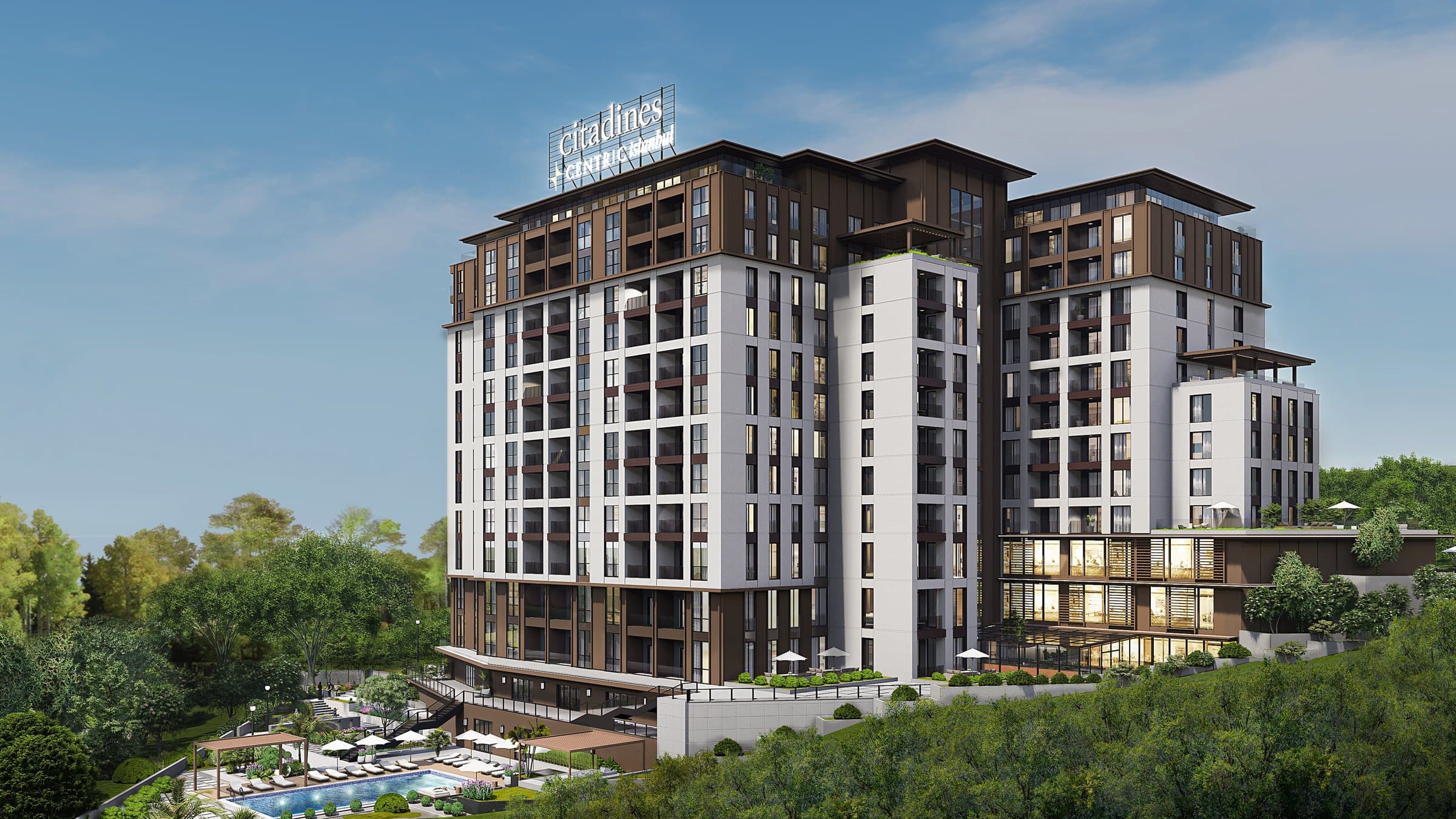 Computer-generated daylight view of the block under a clear sky, its timber-clad upper floors above a white facade, the roof sign reading citadines CENTRIC Istanbul, and the outdoor pool with loungers and two timber pergolas in the gardens below to the left — artist's impression
