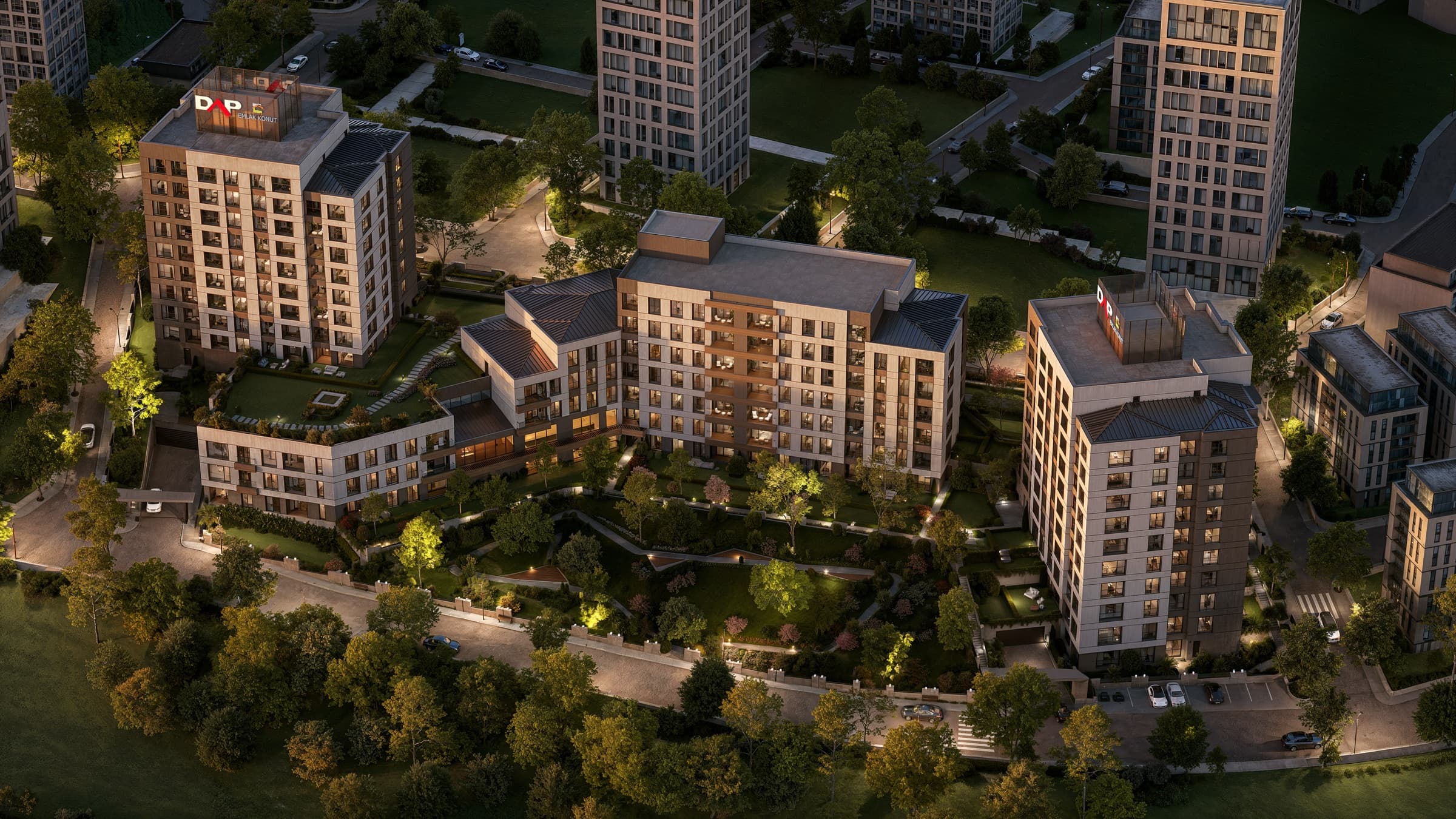 Dusk aerial of the three blocks of Ataşehir 173 set around a landscaped courtyard beside the neighbourhood park, Ataşehir, Istanbul