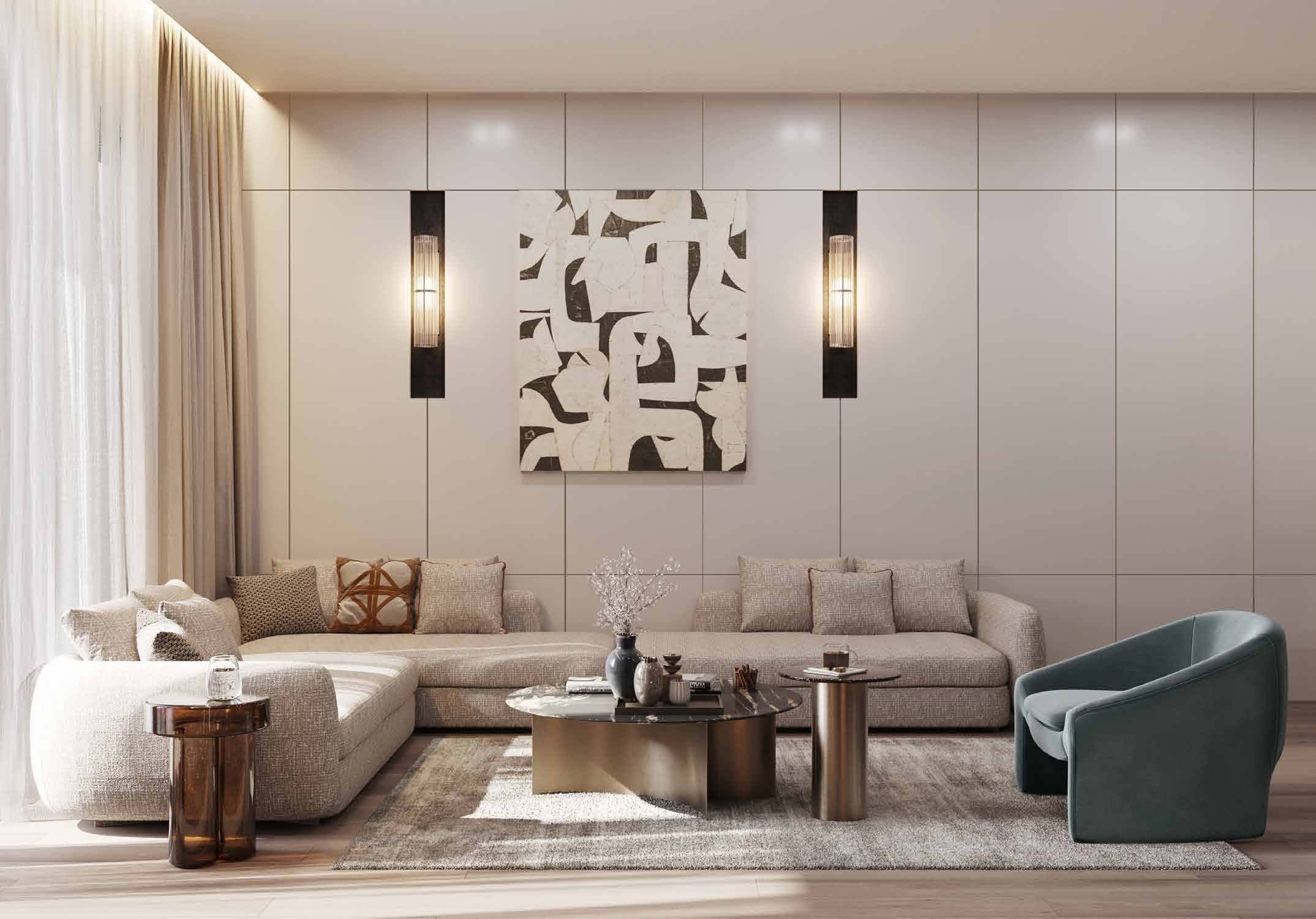Living room of a residence at Ataşehir 173, with a corner sofa, panelled walls and full-height sheer curtains