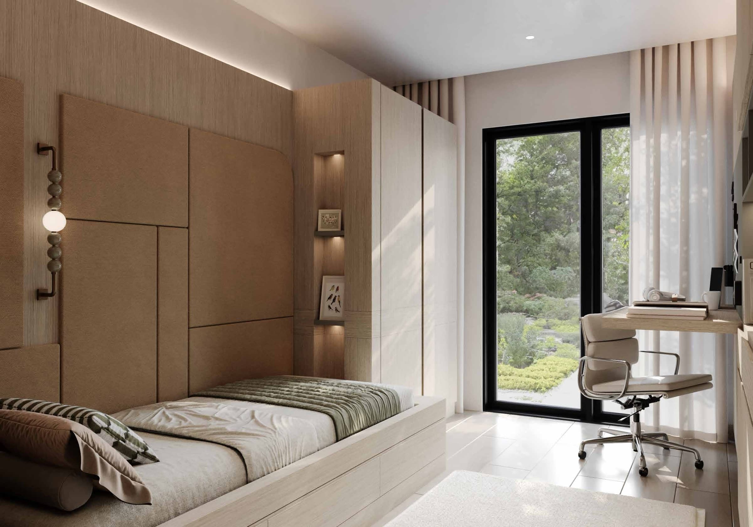 Bedroom at Ataşehir 173 with an upholstered headboard wall, a built-in desk and a full-height window onto the trees outside