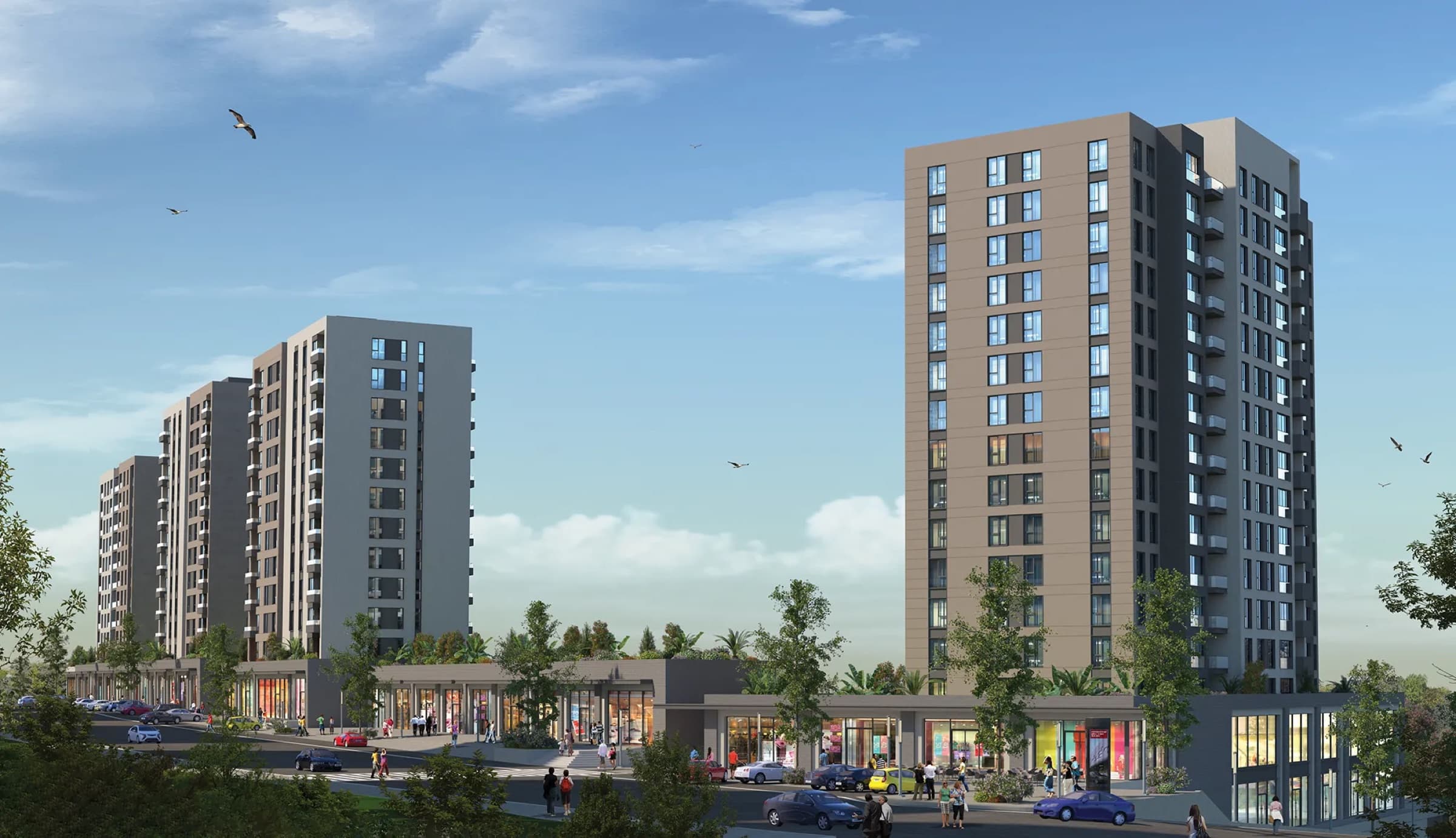 Two Dia Centro blocks flanking the single-storey shopping podium that faces the avenue, seen from across the street in Zeytinburnu, Istanbul