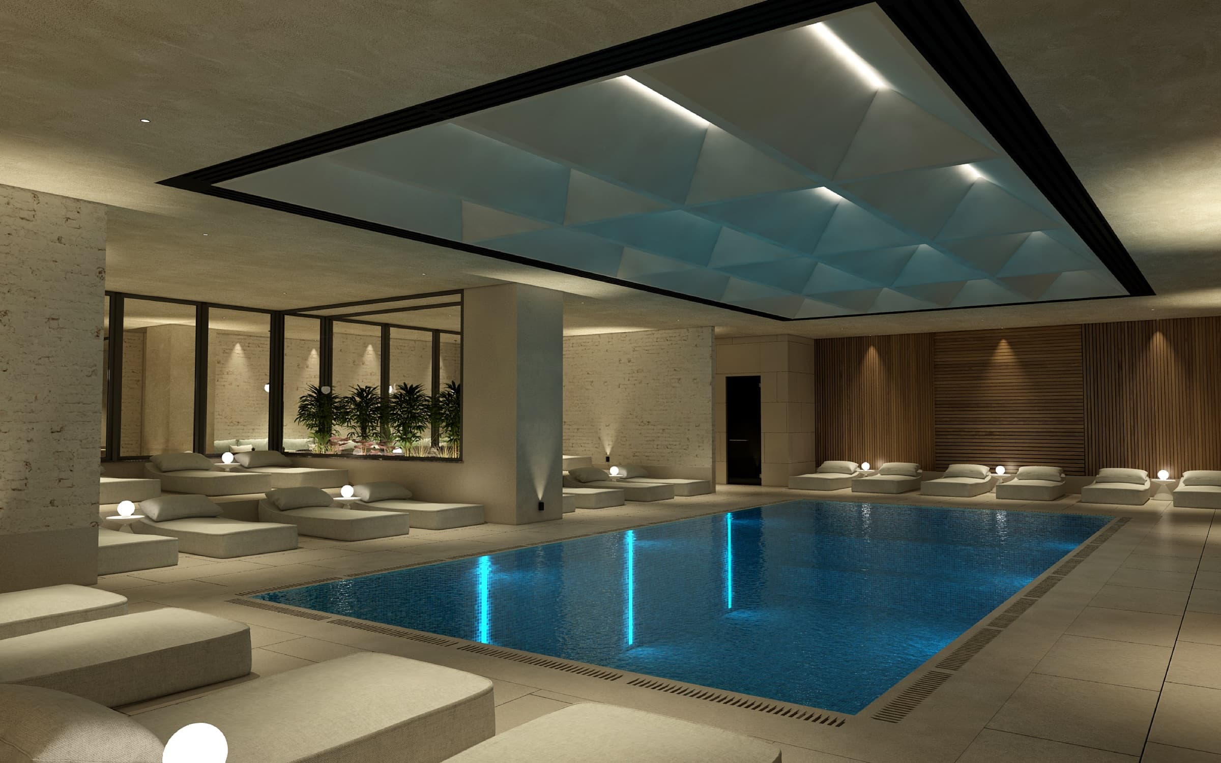 Indoor swimming pool at Dia Centro under a backlit faceted ceiling, with loungers along the water and a timber-slatted wall behind