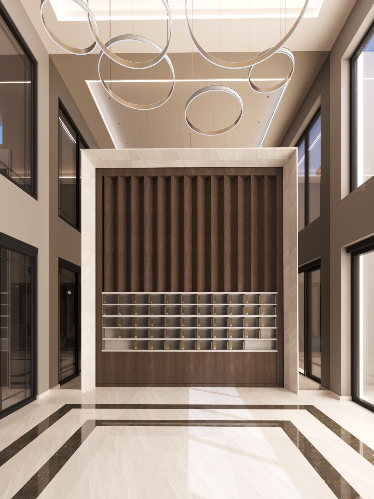 Render of a residential entrance lobby at Ebruli Başakşehir: a double-height hall with a slatted timber feature wall, suspended ring lights, full-height glazing on both sides and a polished stone floor banded in darker inlay