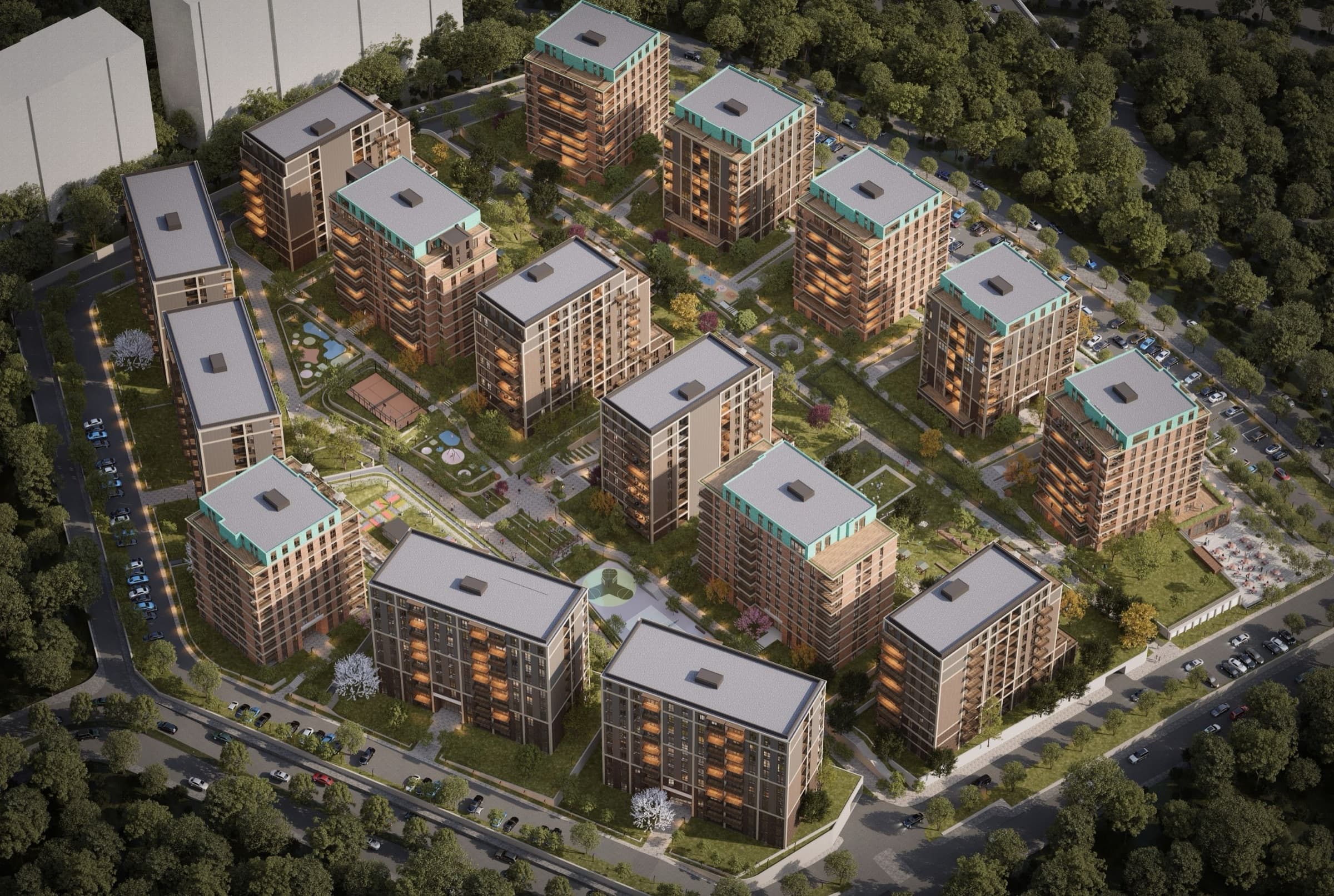 Aerial render of Ebruli Başakşehir showing the full layout: sixteen blocks in brick and stone with teal roof edges, arranged around planted courtyards and internal walkways, with parking along the perimeter road