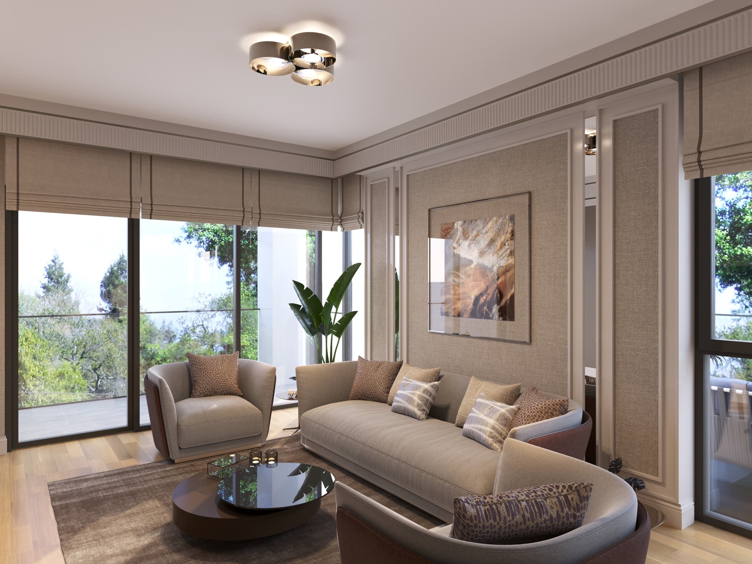 Render of the living room of a residence at Ebruli Başakşehir: a curved sofa and two armchairs around a low table, panelled walls and a coffered ceiling, and full-height windows on two sides looking into mature trees