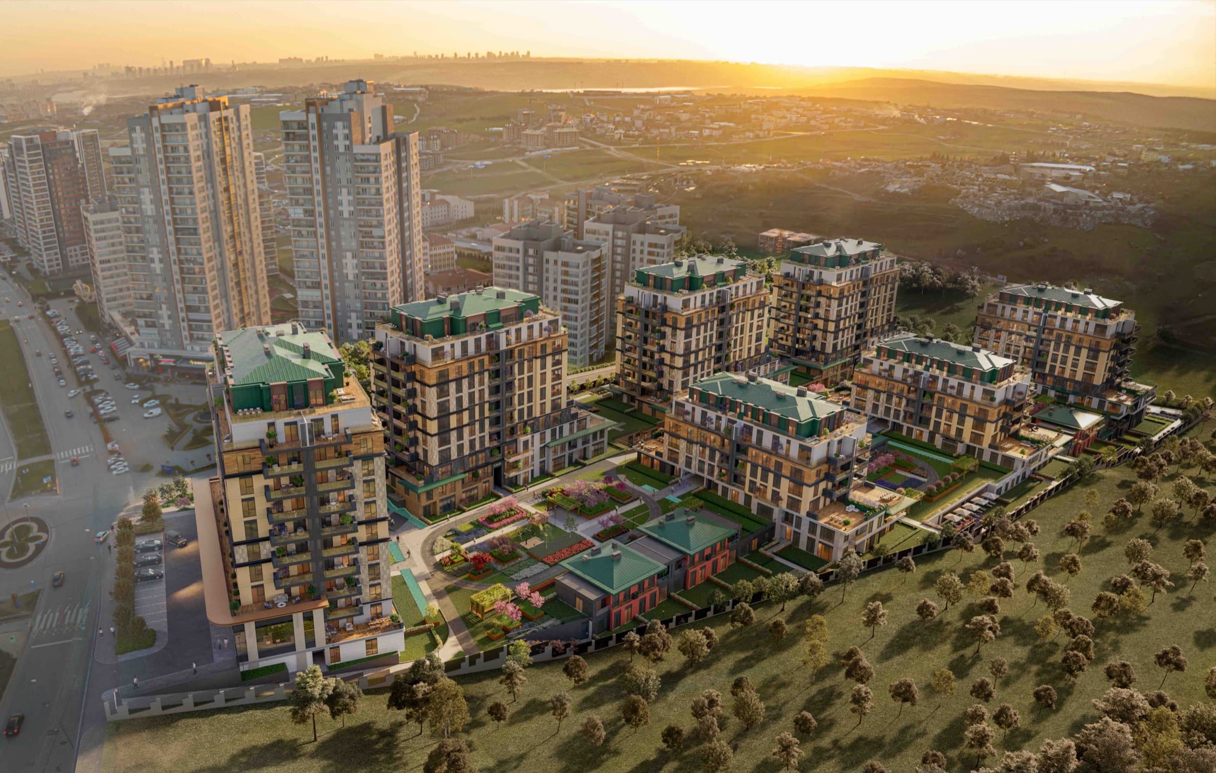 Wide aerial render of Ebruli Kayaşehir in its Başakşehir setting: the full nine-block scheme with its green roofs and courtyards, the boulevard along one edge and the taller residential towers of Kayaşehir standing behind it