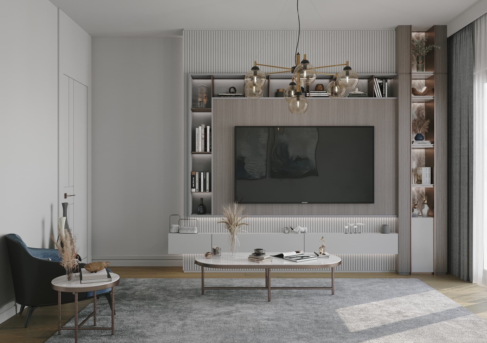 Render of the living room of a residence at Ebruli Kayaşehir: a pale sofa and armchair around a low marble table, a full-width media wall in fluted timber with open shelving either side, and a sculptural brass pendant above