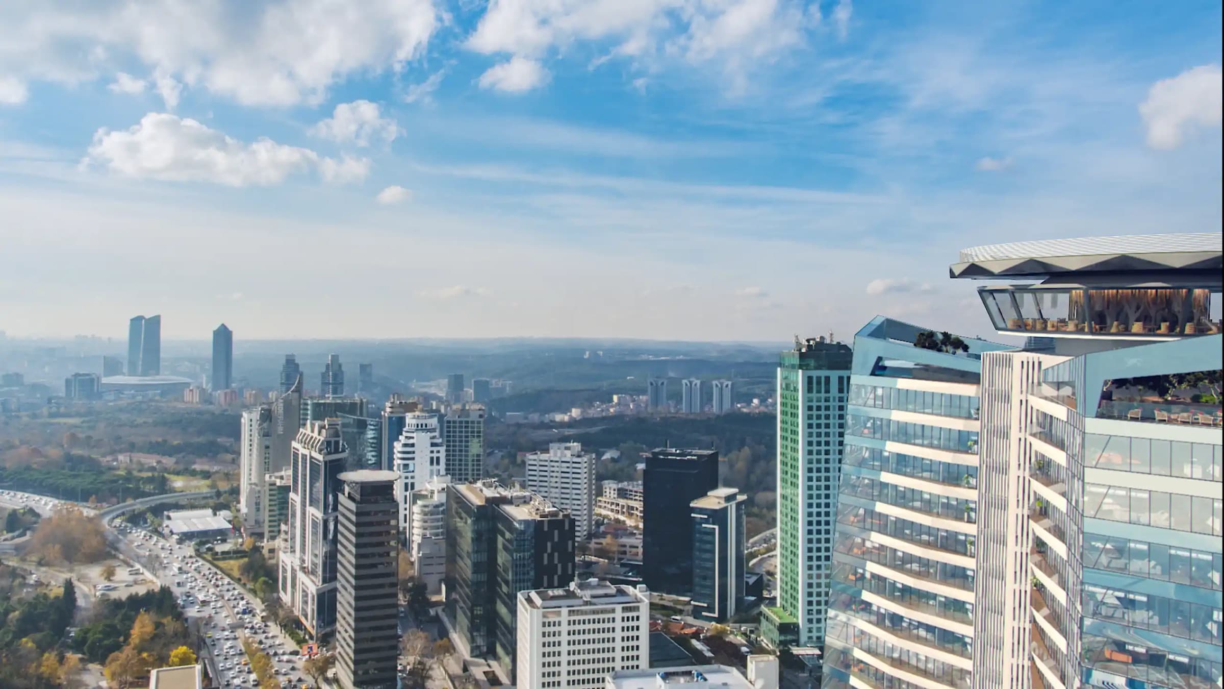 صورة تخيلية لـ ETRO Residences İstanbul في يمين الإطار، بجانبه المشطوف ومطعم سطحه فوق أبراج مكاتب Maslak، وأفق Levent وحافة الغابة في الخلف