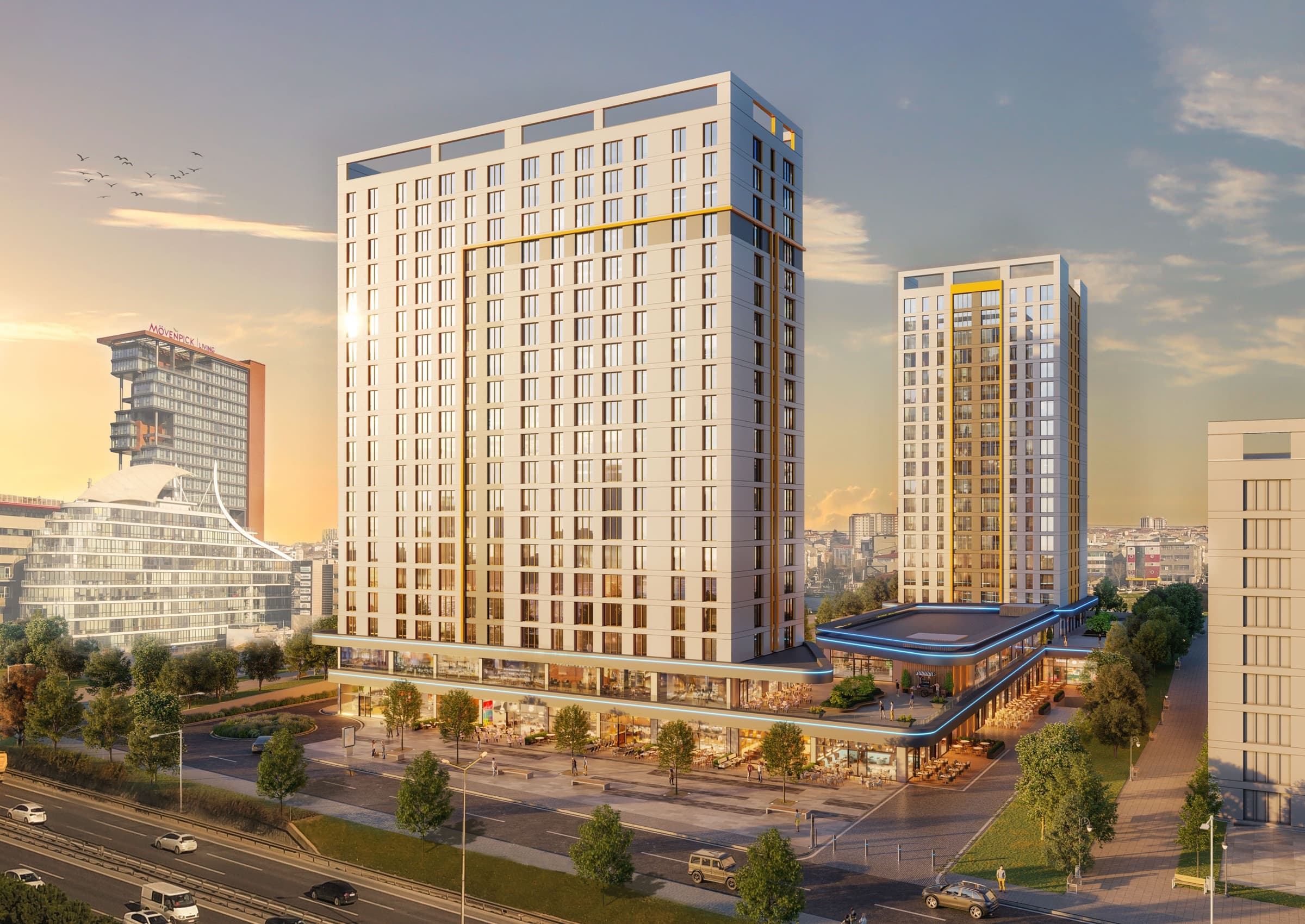 Golden-hour view of the two towers above the illuminated retail podium and plaza, with a neighbouring hotel tower on the left — artist's impression