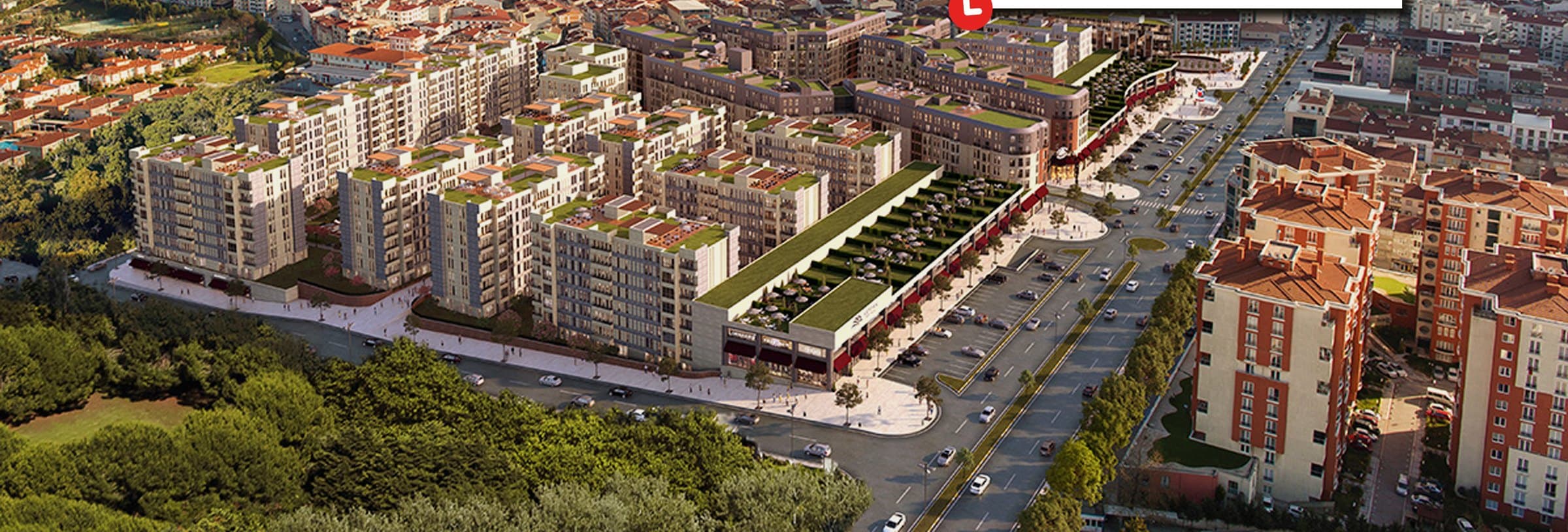 Computer-generated aerial view along the development from above, its blocks and landscaped courtyards in the foreground and the shore of Küçükçekmece Lake and the Marmara beyond — artist's impression