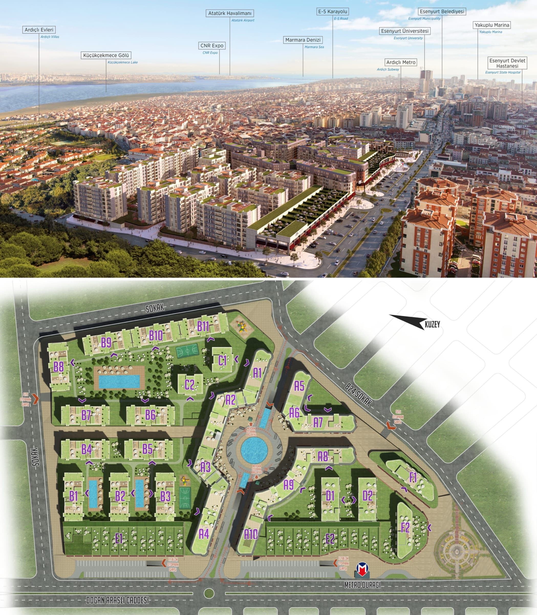 The developer's location board for Meydan Ardıçlı: an aerial view of the site above a coloured site plan, with labels in Turkish and English naming Küçükçekmece Lake, the Marmara Sea, Atatürk Airport, CNR Expo, the E-5 road, Esenyurt University, Esenyurt State Hospital, Esenyurt Municipality, Yakuplu Marina and the Ardıçlı metro around it — artist's impression