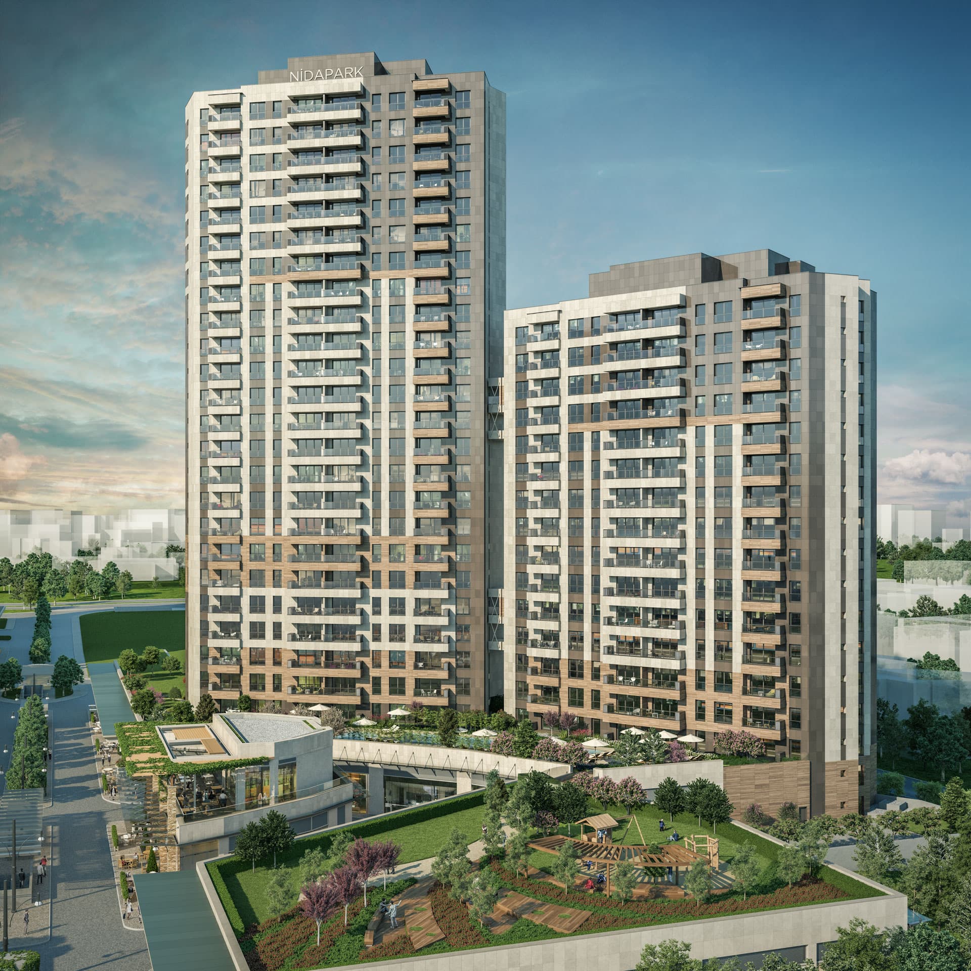 Nidapark Küçükyalı's two tallest residential blocks seen from the street, above a planted podium with a children's play area and terraced cafés. Artist's impression.