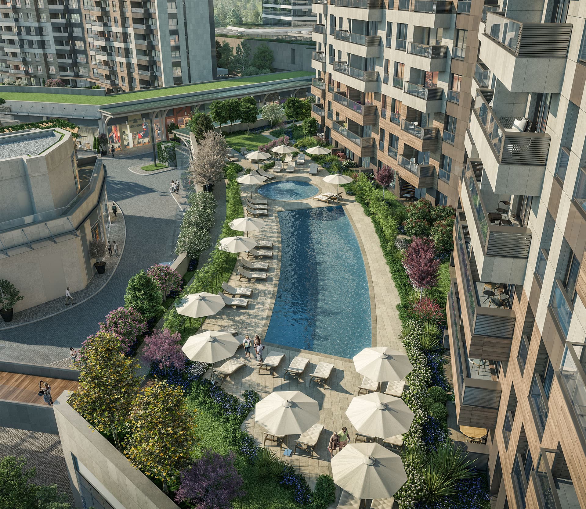 The outdoor pool terrace at Nidapark Küçükyalı, lined with sun loungers and parasols between the apartment blocks and the project's shopfronts. Artist's impression.