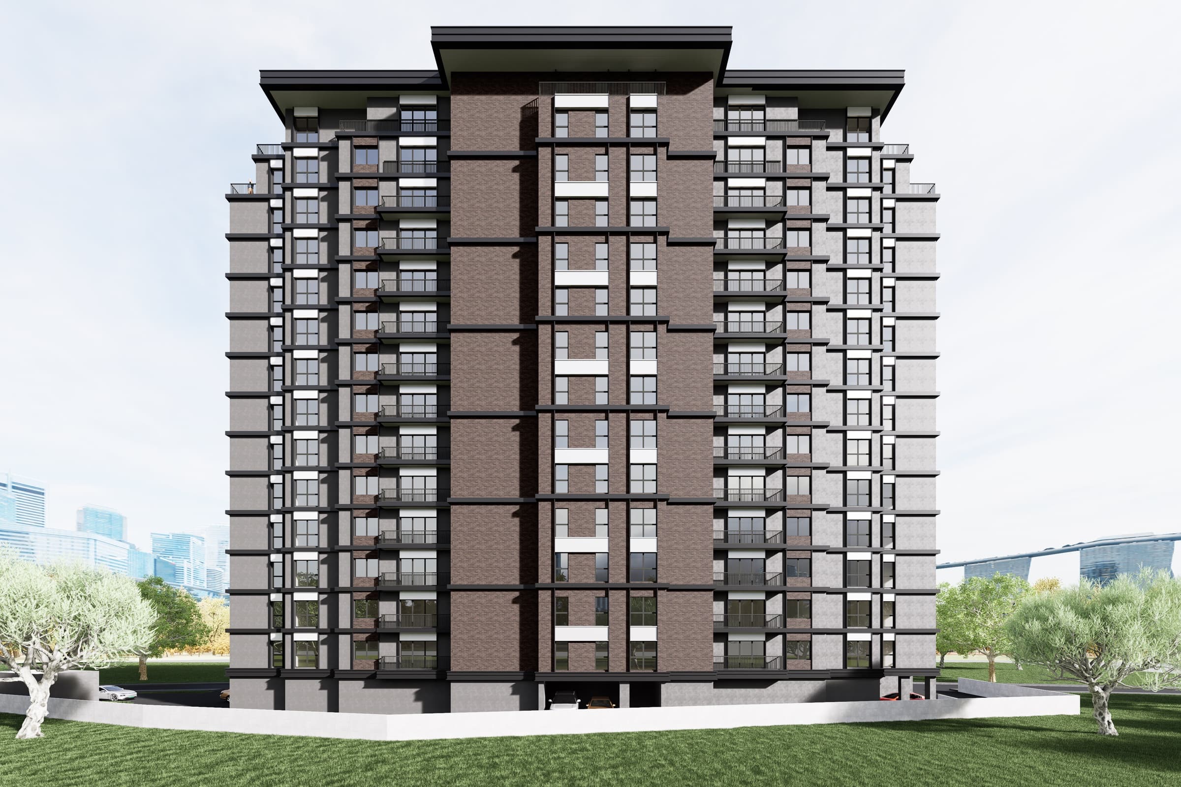 Straight-on computer-generated elevation of Pearl Residence Topkapı, the brick centre bay flanked by grey wings of stacked balconies, a covered parking opening cut into the base with cars inside, and the Istanbul skyline faint on both horizons — artist's impression
