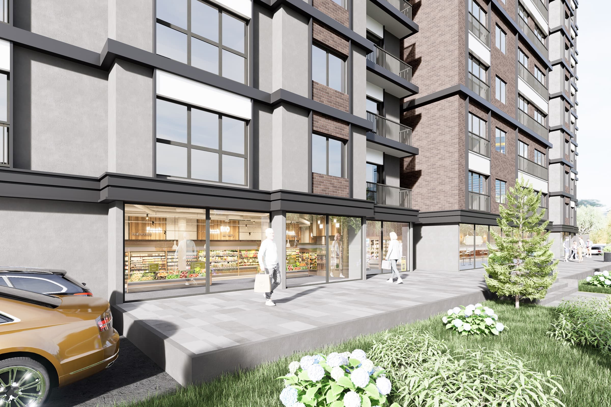 Computer-generated view of a greengrocer and food shop at the foot of Pearl Residence Topkapı, its produce counters visible through full-height glazing, a shopper crossing the raised paved walkway outside, and a conifer and hydrangea bed between the walkway and the road — artist's impression