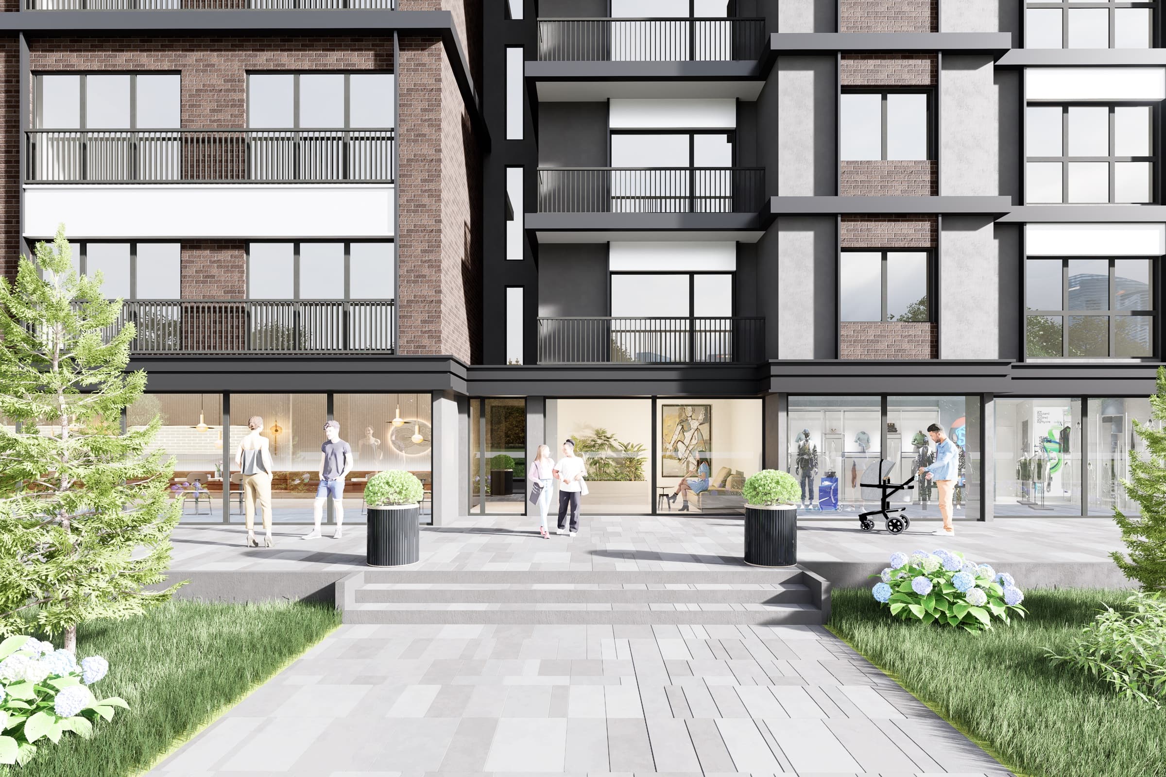 Computer-generated view of the entrance forecourt at Pearl Residence Topkapı, with glazed shopfronts holding a cafe, a showroom and a clothing shop, shoppers on the paved terrace, ribbed planters and hydrangea beds, and brick and grey balconies rising above — artist's impression
