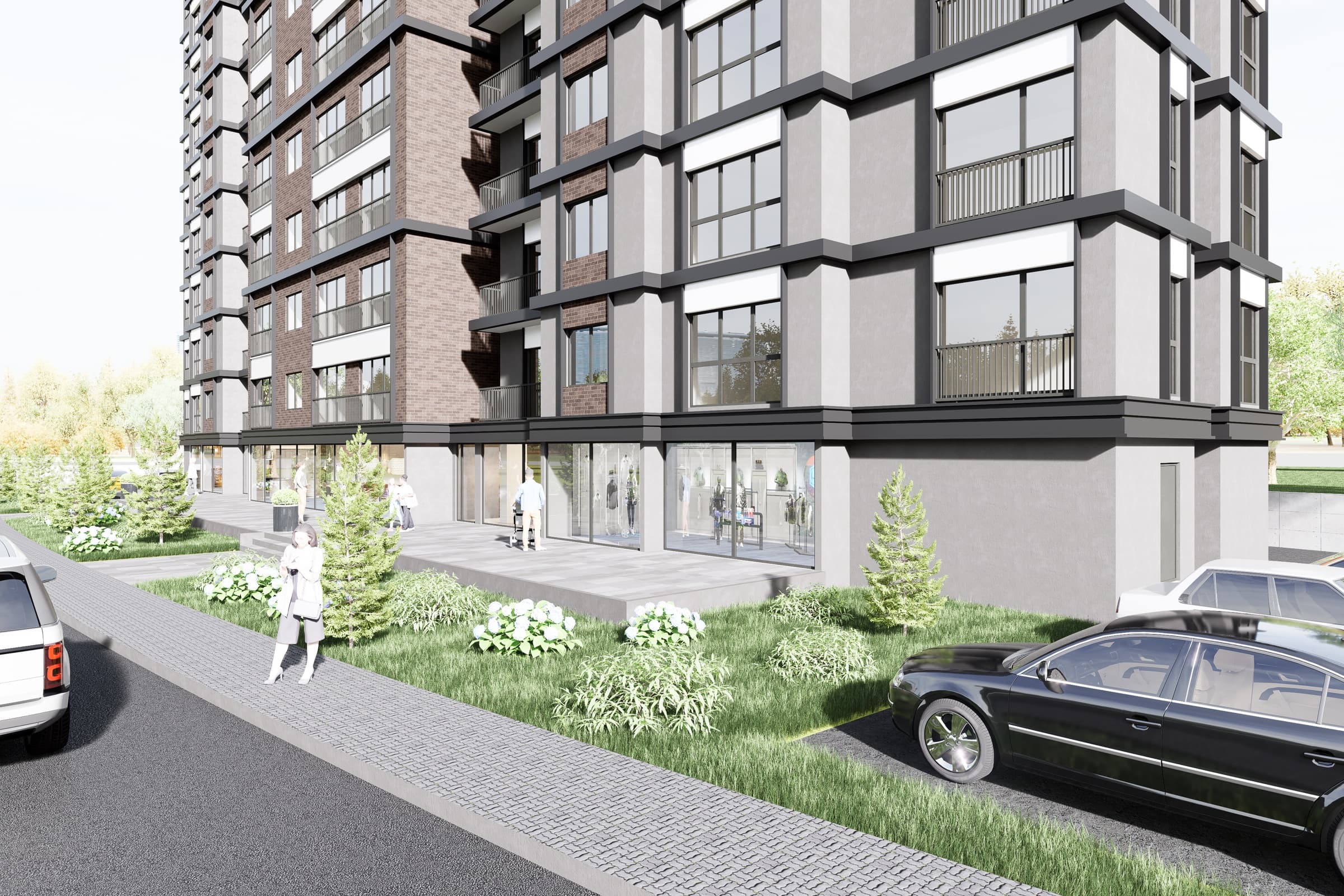 Computer-generated corner view of the base of Pearl Residence Topkapı, its glazed shopfronts wrapping the angle onto a cobbled pavement with cars parked at the kerb, conifers and hydrangeas in the strip of lawn in front, and bay windows and balconies above — artist's impression