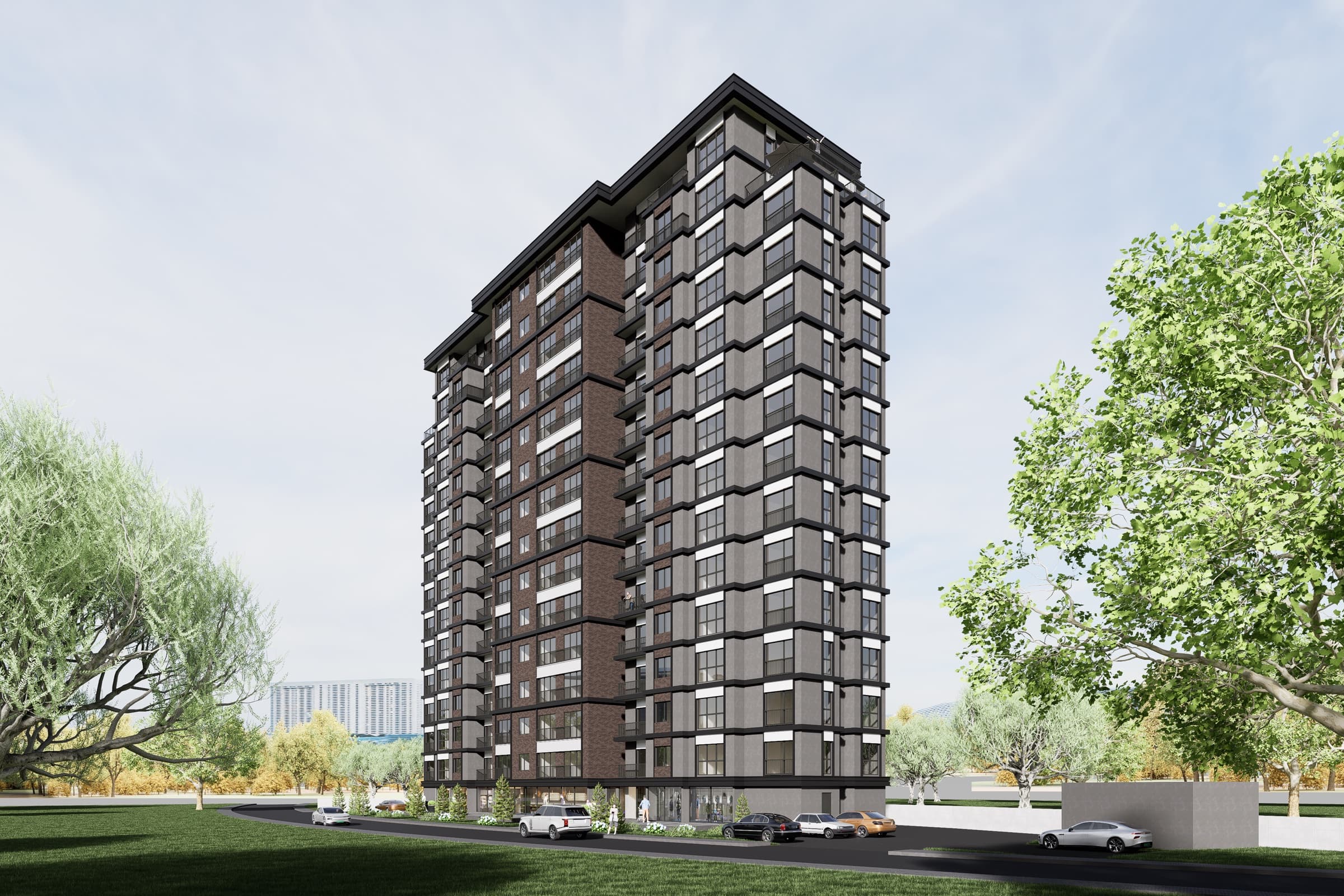Three-quarter computer-generated view of the Pearl Residence Topkapı tower from the road, the brick spine of the facade rising between banded grey bays of balconies, with cars drawn up at the glazed shopfronts along its base and trees on both sides — artist's impression