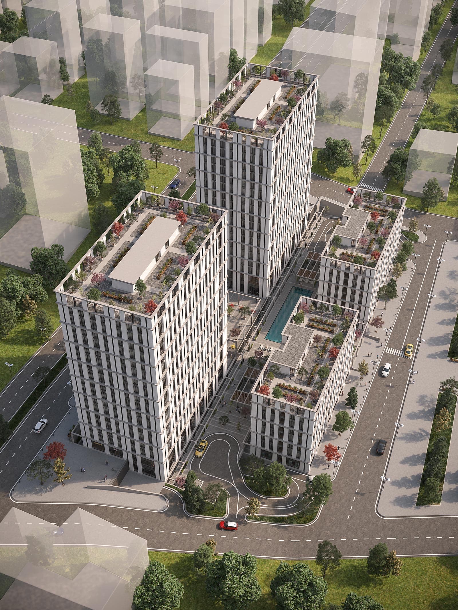 صورة تخيلية جوية لـ Quattro İstanbul من الأعلى على الأبنية الأربعة، تُظهر شرفة السطح المزروعة فوق كل واحد منها والمسبح الطويل الممتد في الفناء بينها