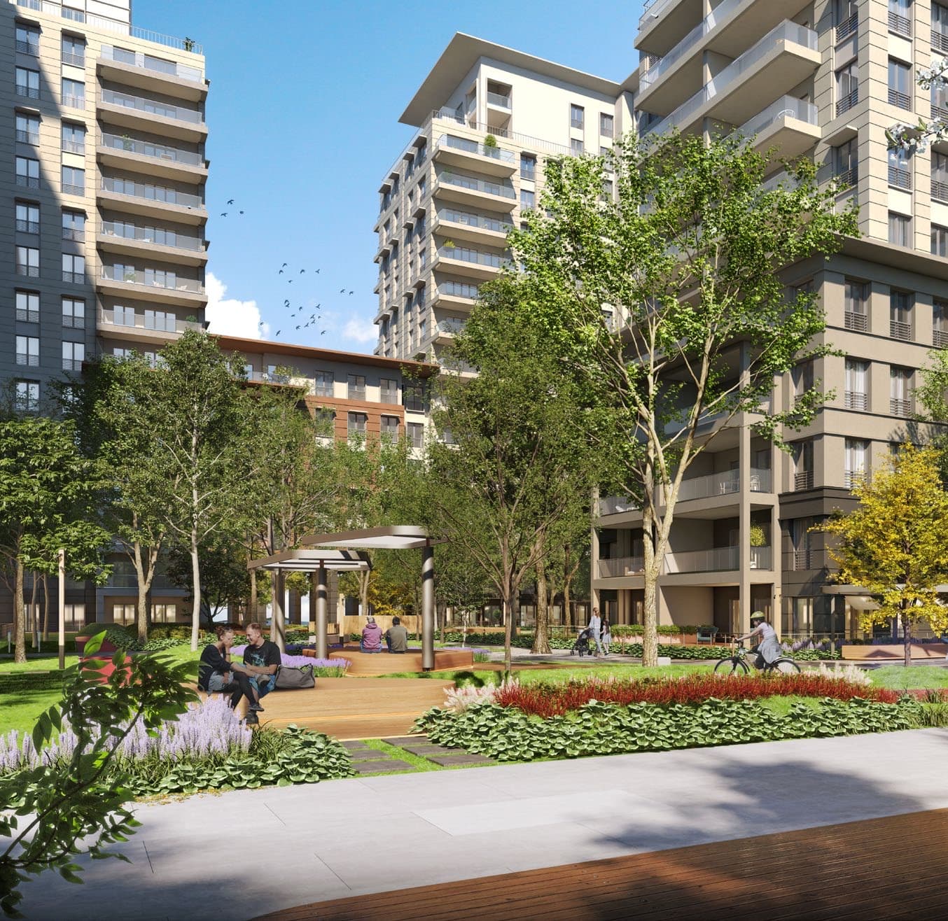 Computer-generated view of a landscaped courtyard between the development's residential blocks, with a shaded timber deck and seating, mature trees, flower beds and a cyclist passing on the path — artist's impression