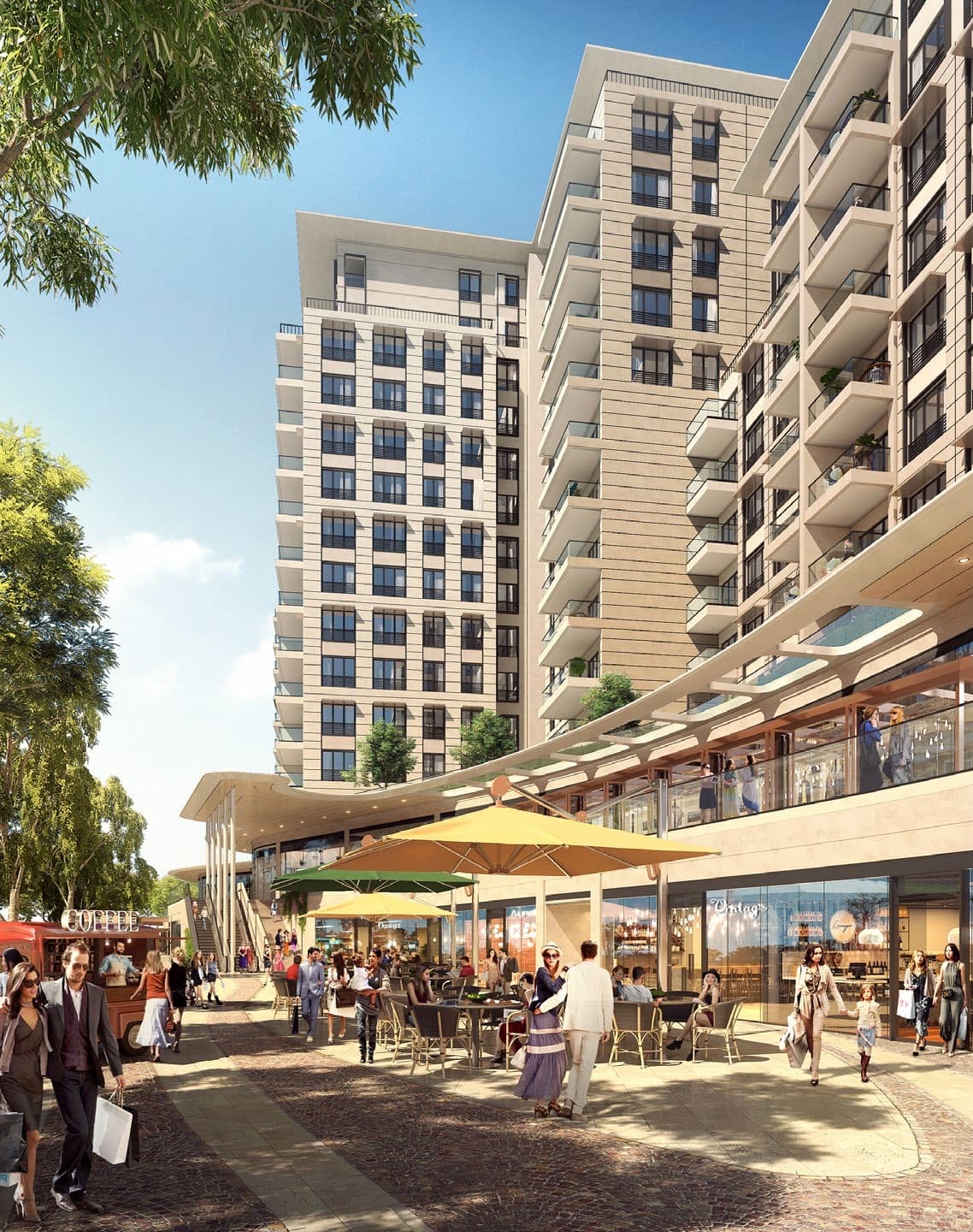 Pedestrian shopping street with parasol-shaded cafe tables and a coffee van at the foot of two pale residential blocks, a curved two-level shopfront canopy running along the right — artist's impression