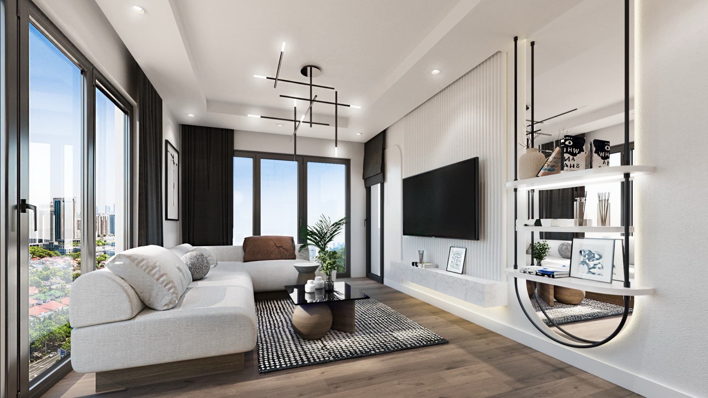 The principal living space of a Venara Güneşli apartment, a pale sectional sofa on oak flooring, a screen set into a fluted panel above a marble shelf, and a corner run of full-height glazing with a balcony door opening onto the city.