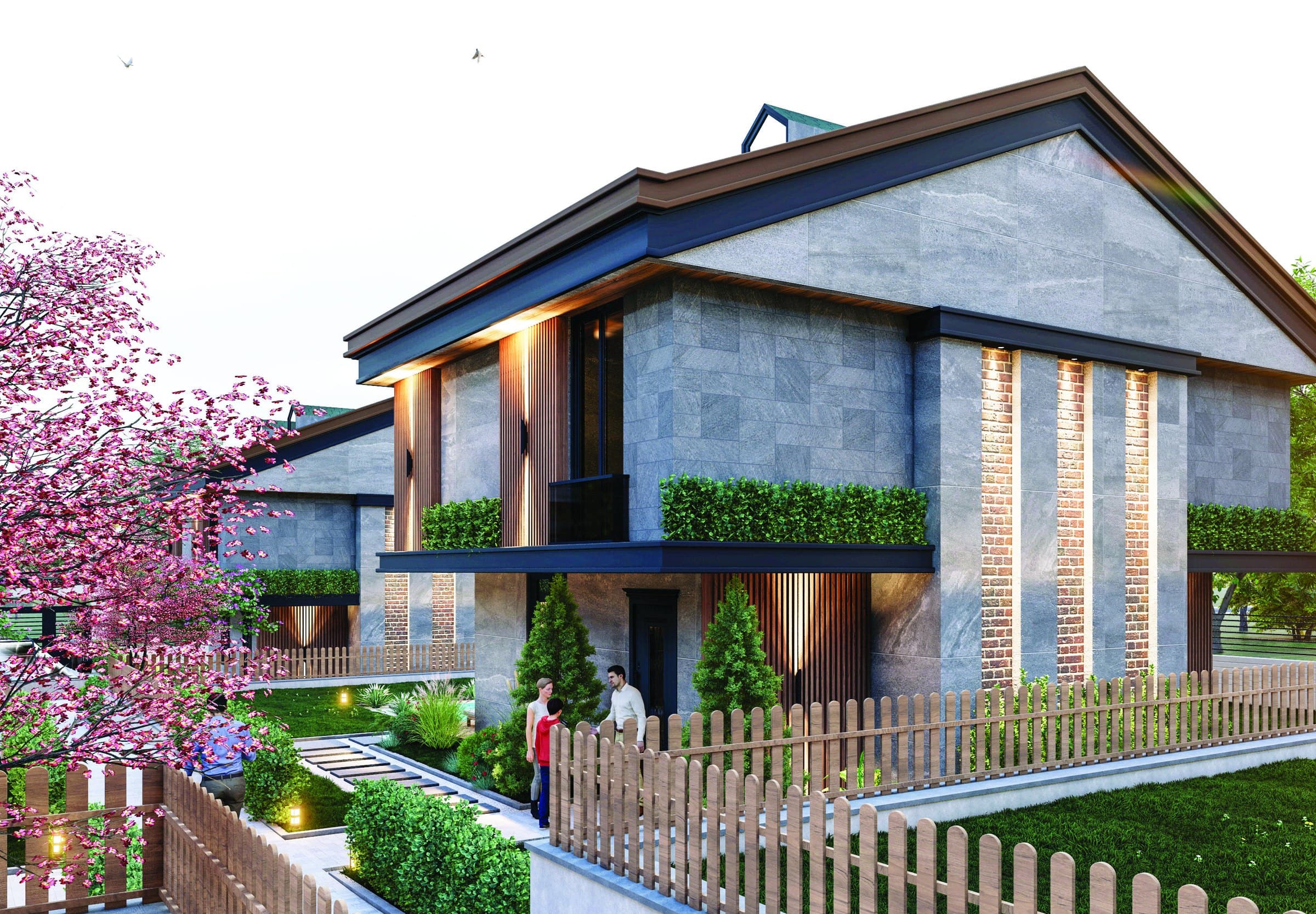 Computer-generated view of a villa from the street, its pale stone and timber elevation rising to a pitched roof, with clipped hedging and blossom trees along a low picket fence — artist's impression