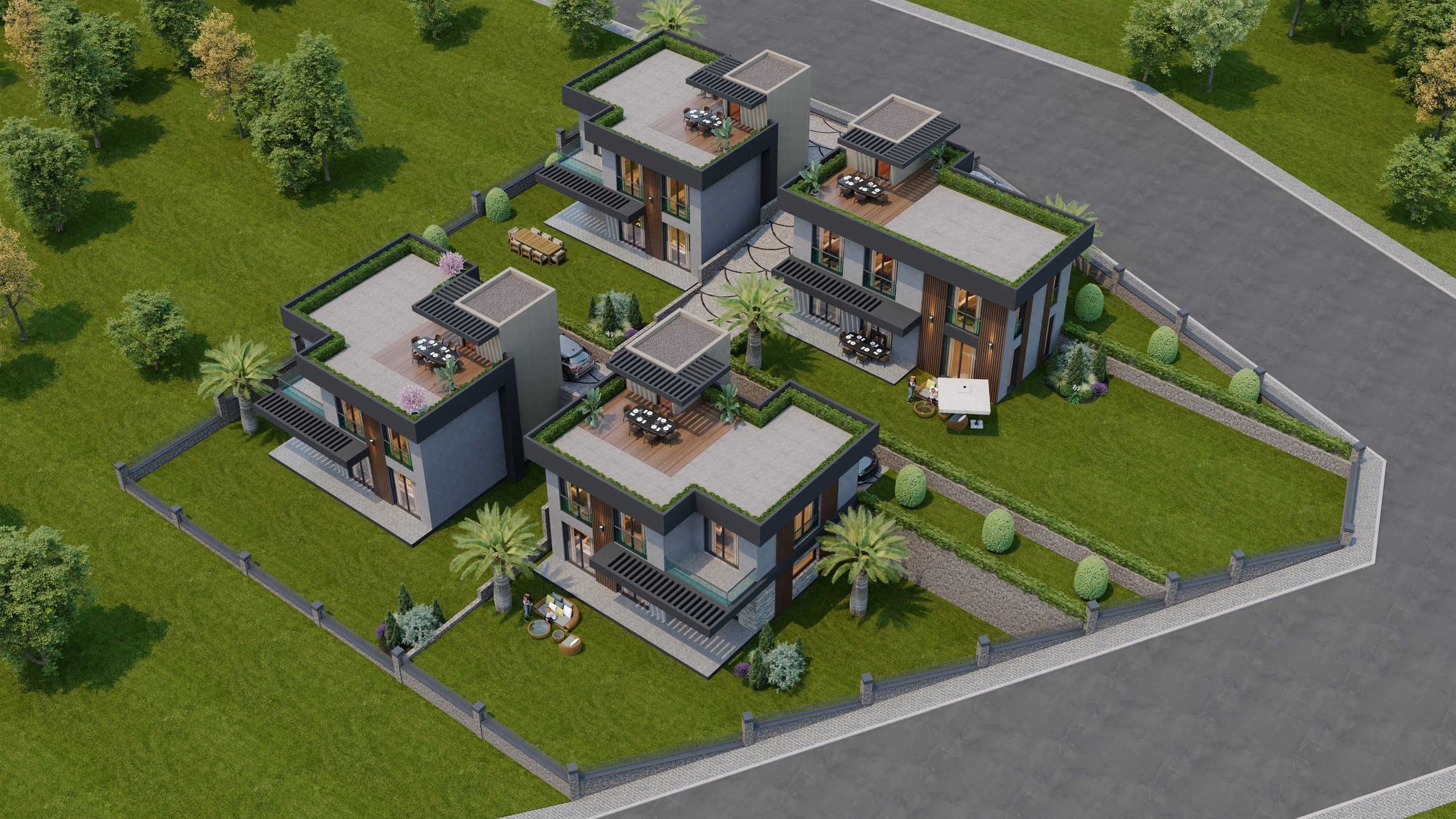 Yeşilce Villaları from above, the four houses on their separate walled plots with private lawns, clipped shrubs and cars parked inside the boundary, green-edged roof terraces on every roof and the access road running along two sides — artist's impression