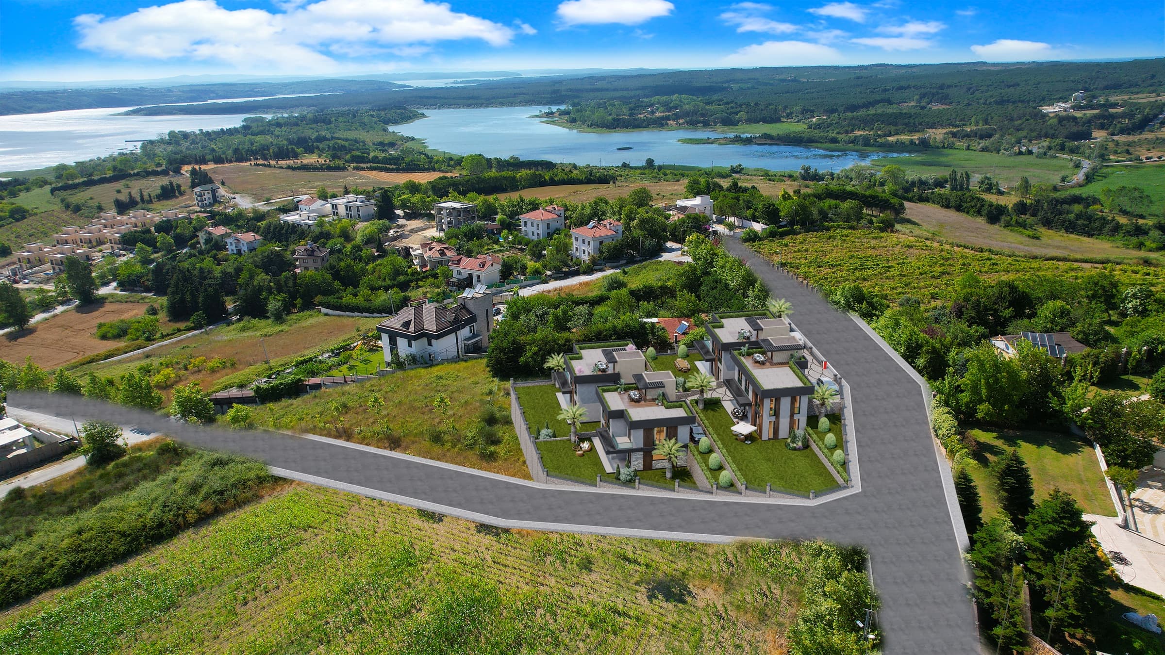 The Yeşilce Villaları site shown on an aerial view of Durusu, the four villas on their walled plot in the foreground and the Terkos lake spreading behind them past village houses, orchards and open fields — artist's impression