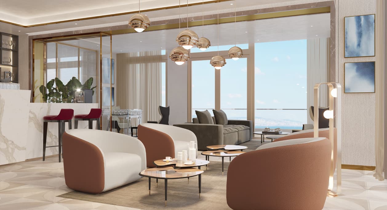 Fendi Casa lounge and bar with brass detailing and full-height windows onto the sea, Istanbul